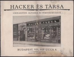 cca 1930 Bp. VII. Síp utca, Hacker és Társa chinaezüst, alpakka és fémdíszműáruk képes katalógusa, benne az üzlet kirakatának képével, javított lapok, benne izraelita dísztárgyak is, 37p