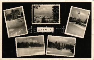 1942 Zabola, Zabala (Háromszék, Treiscaune); részletek télen. Száva Ernő kiadása / multi-view postcard, view in winter (ragasztónyom / glue mark)