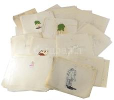 Bányai István (1949-2022) Hamm (1977) c. animációs filmjéhez készült rajzok, tervek. Vegyes technika, műanyag film, pauszpapír. Klf. méretekben. Nagy banánosládányi, átnézésre érdemes anyag, acimációtörténeti kuriózum! KIZÁRÓLAG SZEMÉLYES ÁTVÉTEL, NEM POSTÁZZUK! / ONLY PERSONAL COLLECTION AT OUR OFFICE!