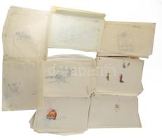 Bányai István (1949-2022) Hamm (1977) c. animációs filmjéhez készült rajzok, tervek. Vegyes technika...