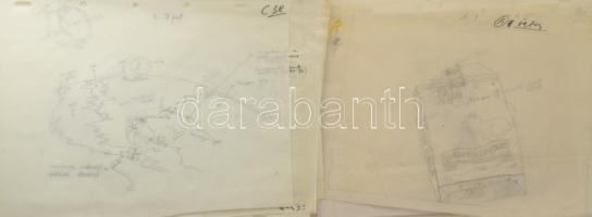 Bányai István (1949-2022) Hamm (1977) c. animációs filmjéhez készült rajzok, tervek. Vegyes technika...