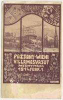 1914 Pozsony, Pressburg, Bratislava; Pozsony-Bécs villamos vasút megnyitása 1914. február 1. Angermayer Károly kiadása, szecessziós-virágos művészlap címerrel / Pressburg-Wien elektr. Bahn / opening of the Bratislava-Vienna urban railway line, tram, train, tramways. Art Nouveau, floral with coat of arms s: Völkel (felületi kopás / worn surface)