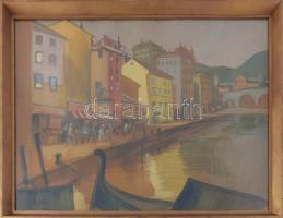 Vadász jelzéssel: Vízparti város. Tempera, papír, üvegezett fakeretben. 52x65,5 cm