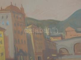 Vadász jelzéssel: Vízparti város. Tempera, papír, üvegezett fakeretben. 52x65,5 cm