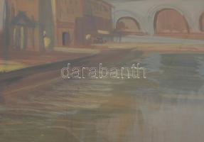 Vadász jelzéssel: Vízparti város. Tempera, papír, üvegezett fakeretben. 52x65,5 cm