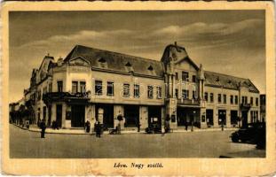 1942 Léva, Levice; Nagy szálloda, üzletek, automobilok. Hajdú foto / hotel, shops, automobiles (EB)