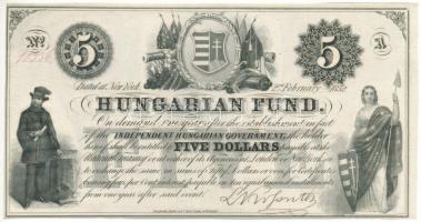 1852. 5$ "Kossuth bankó" "B" sorozat, piros "10336" sorszámmal T:F szép papír, tűlyuk Hungary 1852. 5 Dollars "B" series, with red "10336" serial number C:F fine paper, pin hole Adamo G124