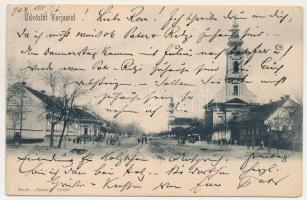 Varjas, Varias; Fő utca, római katolikus templom. Eisner Gyula kiadása / Roman Catholic church, main street (Rb)