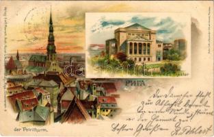 1900 Riga, der Petriturm, das Theater / tower, theatre. Art Nouveau, litho