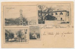 1901 Újmoldova, Neumoldowa, Bosneag, Moldova Noua; Piac tér a templommal együtt, Központi szálloda, Fő út, görög ortodox templom. Hesser &amp; Zeller kiadása / market square with church, hotel, main street, Greek Orthodox church. Art Nouveau (vágott / cut)