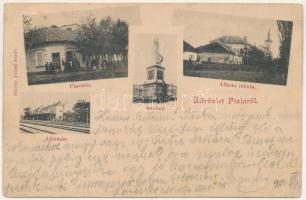 1901 Piski, Simeria; Piactér, Állami iskola, szobor, vasútállomás. Müller József kiadása / market square, school, monument, railway station (vágott / cut)