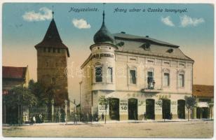 1915 Nagyszalonta, Salonta; Arany udvar, Csonka torony, Wessely és Bíró kereskedései. Kálmán László kiadása / Arany museum, tower, shops (EB)