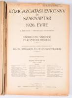 Közigazgatási évkönyv és szaknaptár 1926. évre. II. évfolyam. Vármegyék, városok és községek részére. Hivatalos adatok alapján összeállított tiszti címtárral és helységnévtárral. Bp., 1926, Vármegye- és Községfelszerelési R.T., 198 p. Kiadói félvászon-kötés, kissé viseltes borítóval, sérült gerinccel, néhány sérült, kijáró lappal.