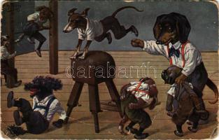 1923 Tacskók tornaórája / Dachshund dogs' gym class, humour. T.S.N. Serie 1672. (6 Dess.) s: Arthur Thiele (EM)