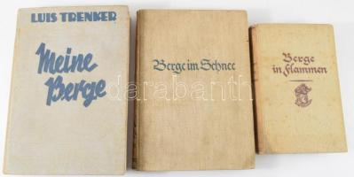 Luis Trenker 3 kötete: Meine Berge. Das Bergbuch von - - . Berlin, 1931, Neufeld &amp; Henius. Fekete-fehér fotókkal illusztrálva. Német nyelven. Kiadói egészvászon-kötés, kissé viseltes állapotban, helyenként ázásnyomokkal. + Berge im Schnee. Das Winterbuch von - - . Berlin, 1935, Th. Knaur Nachf. Német nyelven. Kiadói egészvászon-kötés, kissé viseltes állapotban. + Berge in Flammen. Ein Roman aus den Schicksalstagen Südtirols. Berlin, 1935, Th. Knaur Nachf. Német nyelven. Kiadói egészvászon-kötés, foltos borítóval.