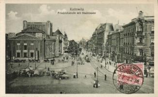 Katowice Friedrich street and City Theatre with the tobacco shop of S. Silbermann