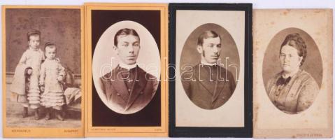 cca 1870-1880 4 db vizitkártya különféle műtermekből (Skoff Testvérek, Pápa; Erdősy Rezső és Társa, Pest; Szerdahelyi, Bp.), változó állapotban, 10,5x6,5 cm körül