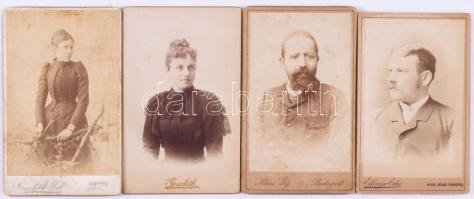 cca 1880-1890 4 db vizitkártya különféle budapesti műtermekből (Ellinger Ede, Klösz György, Goszleth István), változó állapotban, 10,5x6,5 cm körül