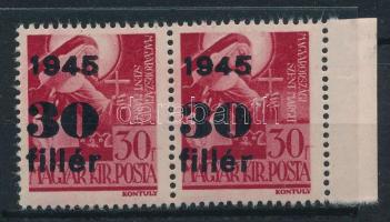 1945 Kisegítő 30f/30f ívszéli pár hiányzó alapnyomattal, Leitold garanciajelzéssel