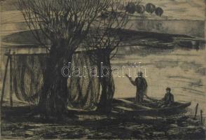 Blahos Rudolf (1917-1986): Vízpart (Halászok). Rézkarc, papír, jelzett, 28,5×38,5 cm. Üvegezett fakeretben.