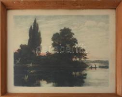 Paulovits Pál (1892-1975): Alkonyat (vadászat). Színezett rézkarc, papír, jelzett. Lap széle kissé foltos. Üvegezett fakeretben. 27×37 cm