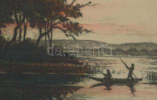 Paulovits Pál (1892-1975): Alkonyat (vadászat). Színezett rézkarc, papír, jelzett. Lap széle kissé f...