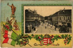 Újvidék, Novi Sad; Duna utca, villamos, üzletek. Szecessziós katonai hazafias keret magyar zászlóval és címerrel / Donau Gasse / street view, tram, shops. Art Nouveau patriotic frame with Hungarian flag and coat of arms (felületi kopás / worn surface)