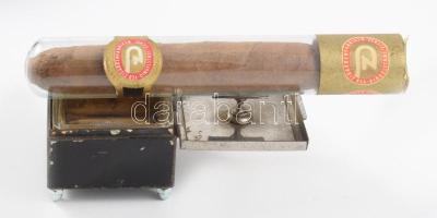 Kis hordozható fém hamuzó 5x5 cm, hozzá cigarettatartó és egy szivar