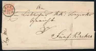 1852 3kr (hajtott / folded) levélen "ESSEGG" - Fünfkirchen