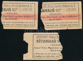 cca 1946-1955 MESZHART, a Magyar Szovjet Hajózási Rt. 3 db kezelt sétahajó jegye, Molotov (Vigadó)-tér vagy Bem J. (Pálffy)-térről.