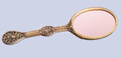 Antik aranyozott réz kézitükör, filigrán díszítéssel, h: 26 cm