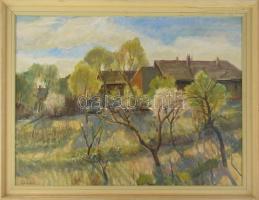Udvary Pál (1900-1987): Albertfalva tavasszal. Olaj, vászon. Jelezve balra lent. Hátoldalán autográf felirattal és Képcsarnok Vállalat címkéjével, mely szerint szerepelt a Paál László Teremben, 1981-ben rendezett kiállításon. Kopott fakeretben. 60x80 cm