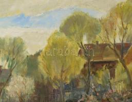 Udvary Pál (1900-1987): Albertfalva tavasszal. Olaj, vászon. Jelezve balra lent. Hátoldalán autográf...