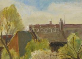 Udvary Pál (1900-1987): Albertfalva tavasszal. Olaj, vászon. Jelezve balra lent. Hátoldalán autográf...