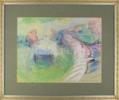 Horváth Éva Mónika (1965-): Színes társaság (cím nélkül). Pasztell, papír. Jelezve jobbra lent. 46x60 cm. Fakeretben.