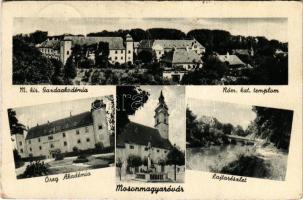 1947 Magyaróvár, Mosonmagyaróvár; M. kir. Gazdasági Akadémia, Római katolikus templom, Öreg Akadémia, Lajta részlet (vágott / cut)