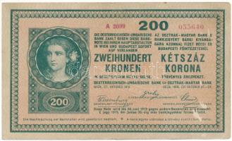 1918. 200K "A 2099 055640" hullámos hátlappal, a középső függőleges hajtás mentén alul és felül szakadás T:F folt, de erős papír Hungary 1918. 200 Korona "A 2099 055640" with wavy pattern on backside. Tears along the central foldline at the upper and lower edges C:F spotted, but strong paper Adamo K31/6