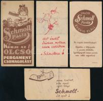 Schmoll Pasta 4 db számolócédula, közte két jelzett (Radó, Zsolt Géza), kettőn hajtásnyommal és a hátoldalán bejegyzéssel, egynek az egyik sarkán hajtásnyommal.