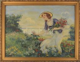 Illencz Lipót (1882-1950): Virágokat szedő lány. Olaj, vászon, jelezve balra lent. Dekoratív fakeretben, 60×80 cm.