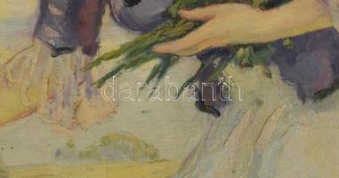 Illencz Lipót (1882-1950): Virágokat szedő lány. Olaj, vászon, jelezve balra lent. Dekoratív fakeret...