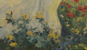 Illencz Lipót (1882-1950): Virágokat szedő lány. Olaj, vászon, jelezve balra lent. Dekoratív fakeret...