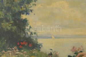 Illencz Lipót (1882-1950): Virágokat szedő lány. Olaj, vászon, jelezve balra lent. Dekoratív fakeret...