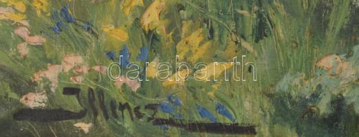 Illencz Lipót (1882-1950): Virágokat szedő lány. Olaj, vászon, jelezve balra lent. Dekoratív fakeret...