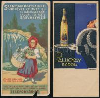 cca 1900-1910 Szent Margitszigeti Üdítővíz számolócédula, az alján kis sérüléssel. + cca 1910-1930 Palugyay borok litho számolócédula, Kónya Zoltán grafikája, Posner Bp., jó állapotban