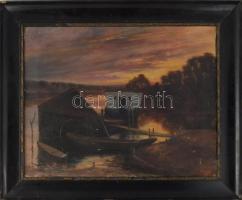 Tolnay jelzéssel (Tolnay Ákos?): Vízparti fények. Olaj, vászon. Kissé sérült. Dekoratív, kissé sérült fakeretben, 50×63 cm.