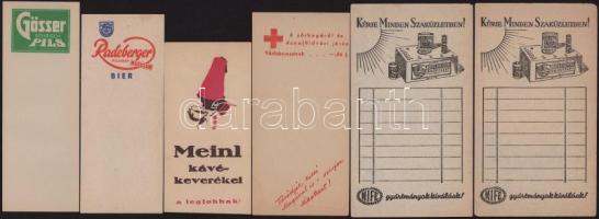 Vegyes számolócédula tétel, 5 db: Gösser, Radeberger, Meinl Kávé, NIFE (2 db), Nikotex.