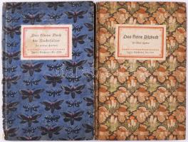 Insel-Bücherei 2 kötete: Willi Harwerth: Das kleine Pilzbuch. + Jakob Hübner: Das kleine Buch der Nachtfalter. Leipzig, 1956/é.n., Insel-Verlag. Egészoldalas, színes illusztrációkkal. Német nyelven. Kiadói kartonált papírkötés, az egyik kötet sérült gerinccel.