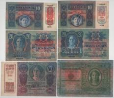 1912-1915. 10K-100K (4xklf) felülbélyegzés nélkül + 1913. 20K + 1915. 10K mindkettő piros "DEUT...