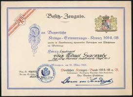 1921 Bayerisches Kriegserinnerungskreuz 1914-18. / Bajor Háborús Emlékkereszt 1914-18. viselési oklevél, magyar személy, vitéz Gyarmaty Mihály hadnagy (Kgl.Ung. Honvéd-Infanterie-Regt. Nr. 1.) München, Deutscher Krieger-Bund, pecséttel aláírással, 18x25 cm