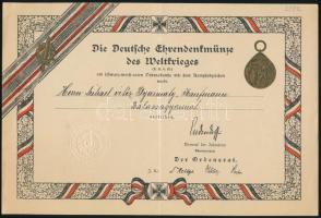 1928 Deutsches Ehrendenkmünze des Weltkriegs / Német Világháborús Emlékérem viseli oklevél, magyar személy, vitéz Gyarmaty Mihály részére, hajtott, 16x24 cm